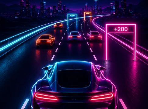 Neon Drift racing game with glowing cars and score gates
