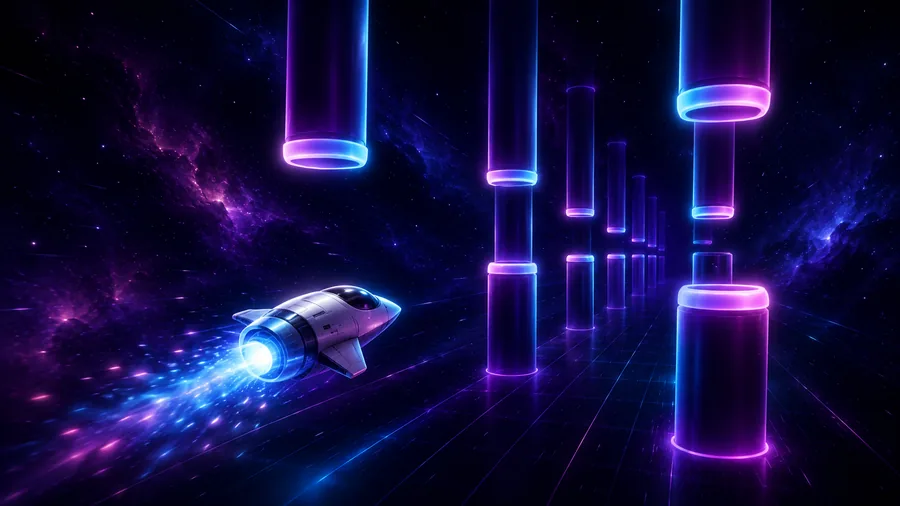 Neon Flight browser game with a spaceship flying through glowing obstacles